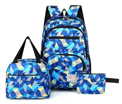 Produktbild von Schulrucksack Set 3-tlg - Rucksack mit Lunchtasche und Etui - Blau/Grau - 42 x 32 x 15 cm - Kinder Schultasche für Jungen und Mädchen - Laptoptasche 15,6 Zoll - Wasserabweisende Tasche für die Schule