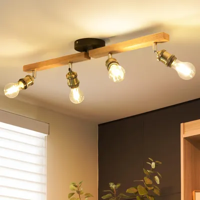 Imagen del producto de Lámpara de techo ANWIO, madera, 4 luces, casquillo E27. Foco de techo LED vintage, 4 luces, inclinable, estilo rústico. Lámpara de techo de madera, foco para pared, ideal para salón, dormitorio, cocina. Foco de pared
