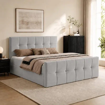 Produktbild von Boxspringbett AUREN FRONT 140x200 cm Komplett-Set mit Bonell-Matratze, Topper und Bettkasten, Samt Hellgrau