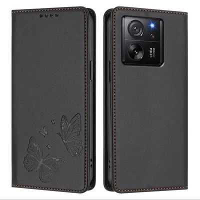 Obrázek produktu pro Kožené pouzdro pro Xiaomi 13T /Xiaomi 13T Pro, motýlí ražbou, peněženkové flip pouzdro se stojánkem Černá