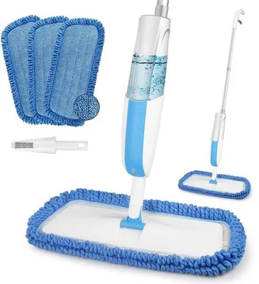 Productafbeelding van Ibenzoa® vloerwisser met spuitfunctie, 410 ml – Multifunctionele dweil met 3 microvezel pads, 360° draaikop, ergonomische handgreep, geschikt voor laminaat, hout, tegels tot 100 m²