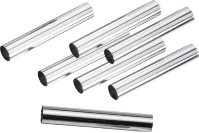 Several shiny, cylindrical tubes are arranged diagonally on a white background, with one tube placed horizontally in the foreground.