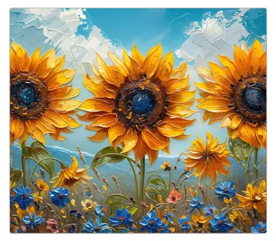 Produktbild von Spritzschutz Herdabdeckplatte Schneidebrett aus Glas Sonnenblumenwiese 1-Teilig (60x52cm)