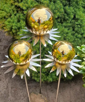Produktbild von Blütenzauber Milano 3er Set Rosenkugel 15/10/10 cm Edelstahl gold poliert Gartenstecker Deko mit Stab 80 cm