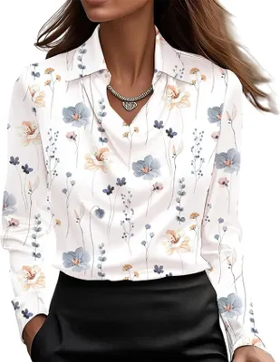 Produktbild von ASKSA Damen Satin Bluse Wasserfallkragen Elegante Oberteile Langarm Seide Hemdbluse Arbeitshemd Business Langarmshirt (Weisse Blume,XL)