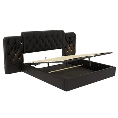 Produktbild von LVHOM Polsterbett 180x200 cm mit Leselampen und USB, Hydraulisches Boxspringbett mit Bettkasten, Doppelbett Kunstleder, Funktionbett, Schwarz