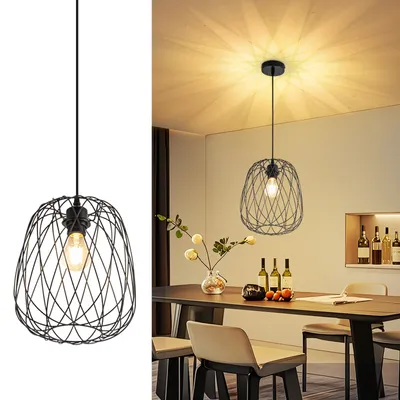 A split image showing a black metal pendant light on a white background and the same light hanging over a dining table in a room.