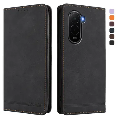 Produktbild von Hülle für Xiaomi Poco M7 4G, Retro Kunstleder Ständer Klapphülle mit Kartenfächer und Magnetische Schwarz