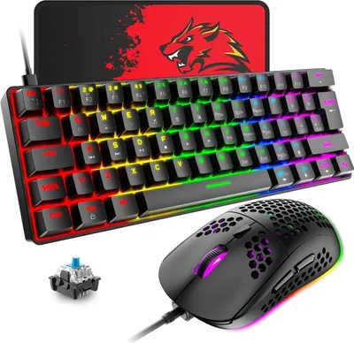Produktbild von 60% Mechanische Tastatur-Maus-Sets, Kompakt 62 Tasten, Typ C Wired, 19 Hintergrundbeleuchtung Gaming-Tastatur + 6400 DPI RGB Maus + Mauspad, UK Layout
