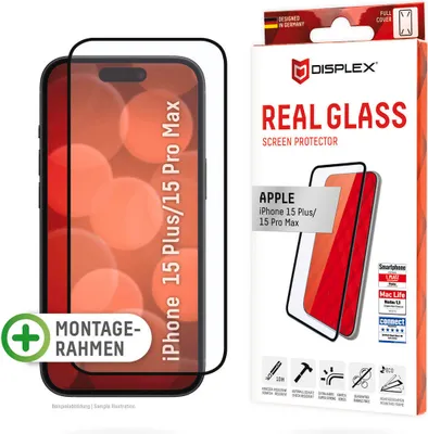A product shot of a screen protector for an iPhone 15 Plus/Pro Max, shown with its packaging.