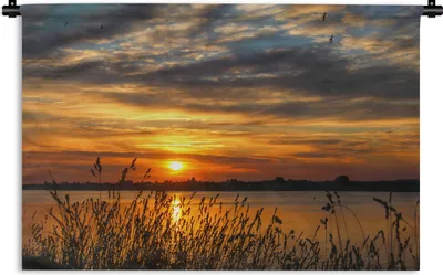 Produktbild von MuchoWow® Wandteppich Wandbehang Sonnenuntergang - Meer - Horizont - Himmel - Pflanzen 120x80 cm Tapisserie Dekoration Wandtuch - Wanddekorationen - Wandtücher