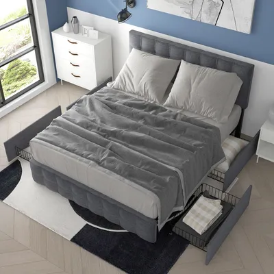 Produktbild von STILVORA Jugendbett 140x200cm Polsterbett mit Lattenrost&Stauraum,Doppelbett mit 4 Schubladen,höhenverstellbares Kopfteil,Grau(Ohne Matratze)