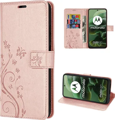 A collage showing a rose gold flip phone case with a floral design, a view of the case open with cards and cash, and a view of the phone inside the case.