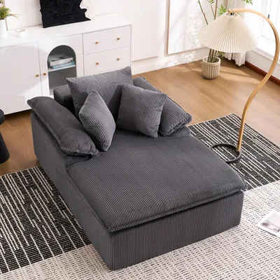 Image de OKWISH Méridienne - Méridienne Canapé Dossier Haut avec Accoudoirs Larges, Assise Confortable en Velours Côtelé, Gris 177x122x92 cm
