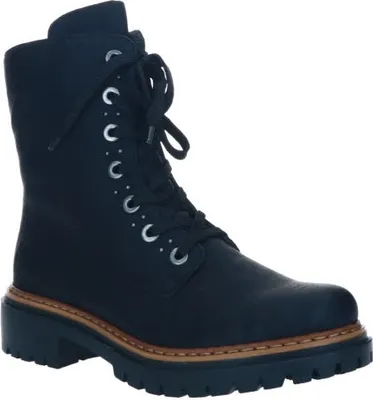 A black lace-up boot with a thick sole and a tan trim around the sole.