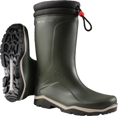 A pair of green Dunlop winter boots shown against a white background.
