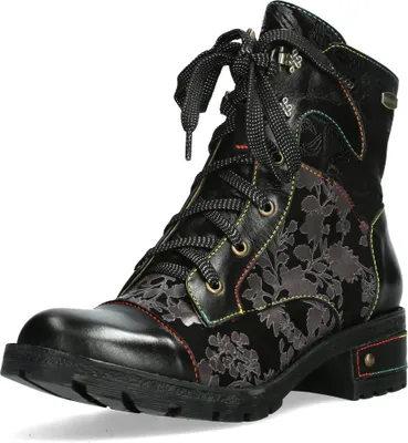 Produktbild von Laura Vita Damen Stiefelette Leder mit Blumenmuster Cap Toe Cocrailo 86, Größe:37 EU, Farbe:Schwarz