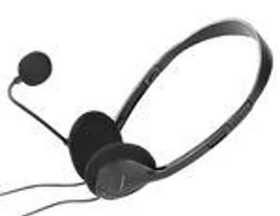 A black headset with a microphone is shown against a white background.