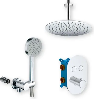 Image de Mereo Ensemble de douche avec mitigeur thermostatique à bouton poussoir - 2 voies - Couvercle ovale - CB60106TB4