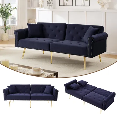 Produktbild von STILVORA Modernes Zweisitzer mit 3-stufiger Verstellung Doppel-Rückenlehne und vergoldete Metallfüße Sofa mit Schlaffunktion,Antikblau