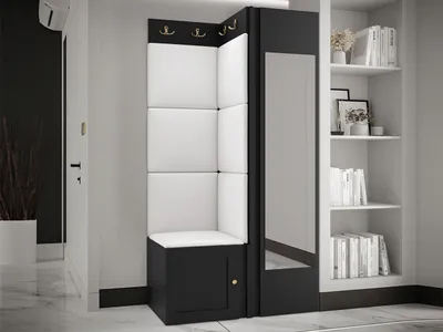 Produktbild von MIRJAN24 Garderoben-Set Orion Ramiro XXVI, Kleiderschrank, Schuhschrank, Kleiderhakenbrett, 7x Paneel 42x42, Spiegel, 6 Kleiderhaken, Metallgriffe (Farbe: Schwarz, Soft 017)