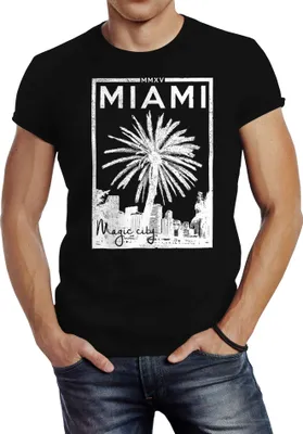 Produktbild von Herren T-Shirt Miami Beach Palmen Skyline Slim Fit Neverless® schwarz 4XL