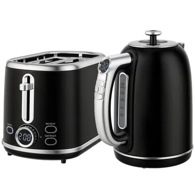 Zdjęcie produktu dla Zestaw retro Moonbite do śniadań, składający się z czajnika i tostera, moc 2200 W, pojemność 1,7 L, podgrzewanie LED z regulacją temperatury od 40 do 100 °C, funkcja utrzymywania ciepła, 6 stopni opiekania, wykonany z tworzywa sztucznego, kolor czarny