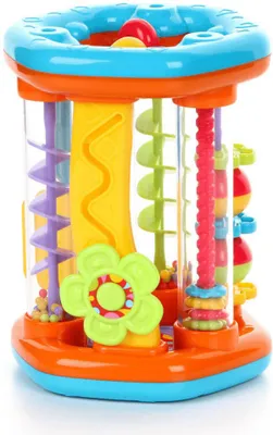 A colorful baby toy with various spinning and rolling elements inside clear tubes.