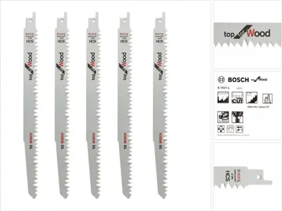 A set of five Bosch reciprocating saw blades for wood cutting, displayed alongside packaging information.