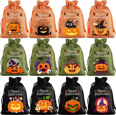 Produktbild von 12 Stück Halloween-Leckerli-Taschen, Geschenktüten aus Sackleinen, Mini-Süßigkeitentüten mit Kordelzug, Kürbismuster, Goodie Bags für Halloween-Partygeschenke