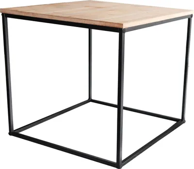 A square side table with a wooden top and a black metal frame.