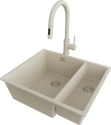 Produktbild von PRIMAGRAN Unterbauspüle Granit Beige 56x47cm, Spülbecken 1,5 Becken + Küchenarmatur 40x20cm + Ablauf-Set, Granitspüle ab 60er Unterschrank - London Duo