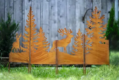Produktbild von großer Gartenstecker "Hirsche im Wald" aus Metall mit Echtrost, 120x85 cm, Dekostecker, Rostdeko, Gartendeko für Draußen