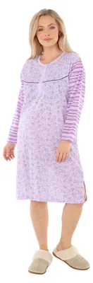 Produktbild von Nachthemd Damen langer Arm gestreift Nachtgewand Schlafhemd Nachtwäsche, Größe:XL, Farbe:Lila