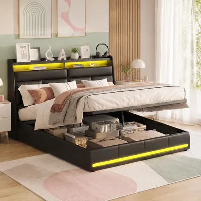 Immagine prodotto di Letto imbottito INONEFT 160x200 cm con LED, letto matrimoniale con sistema di sollevamento idraulico e spazio contenitore, letto a molle con contenitore, letto per ragazzi con rete a doghe, rivestito in ecopelle color beige