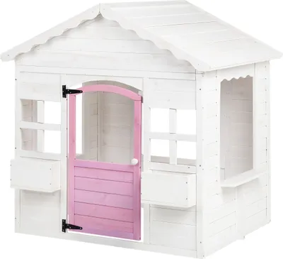 Produktbild von BELIANI Spielhaus Weiß u. Rosa Tanneholz mit Blumenkasten Fenstern Tür Modernes Design Kinderspielhaus für Draußen Garten Terrasse Outdoor