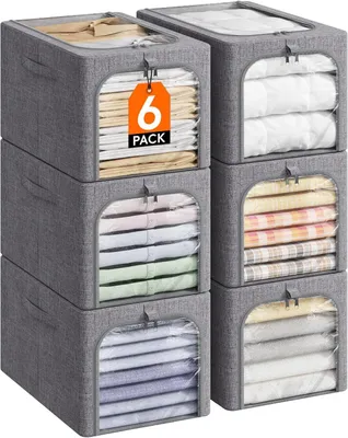 Productafbeelding van Kleding opbergbakken met metalen frame - Set van 6 - Opvouwbare bewaarbakken met deksel