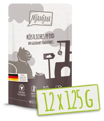 Produktbild von MjAMjAM Quetschie vorzügliches Kalb & Truthahn an leckeren Möhrchen, Adult, jede Rasse, Truthahn, Kalbsfleisch, 125 g, Getreidefrei