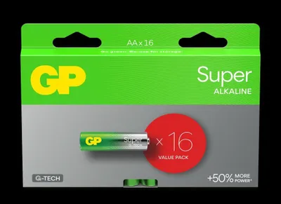 A retail package of GP Super Alkaline AA batteries.