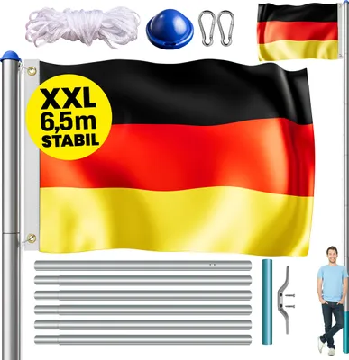 Produktbild von MONZANA® Fahnenmast 6,5m Seilzug Bodenhülse inkl. Deutschland Flagge Deutschlandfahne Fahne höhenverstellbar Flaggenmast Aluminium Teleskop Fahnenstange