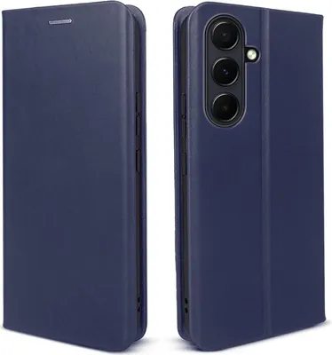 A dark blue flip cover case for a smartphone is shown from two angles.