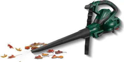 A green and black leaf blower is shown on a white background with fallen leaves scattered around the nozzle.
