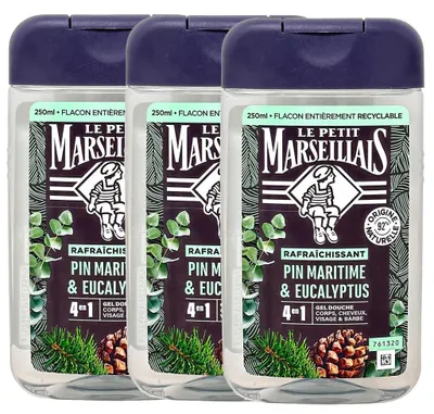 Le Petit Marseillais Duschgel Pin Maritime & Eukalyptus 3er Set 3 x 250 ml aus Frankreich erfrischendes 4 in 1 Duschgel mit Seekiefer und Eukalyptus natürliche Pflege in recycelbarer Flasche