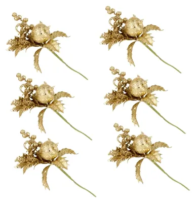 Produktbild von 6 Stück Künstliche Weihnachtsblumenzweige in Gold für Dekoration von Kränzen, Girlanden und Festlichen Gestecken