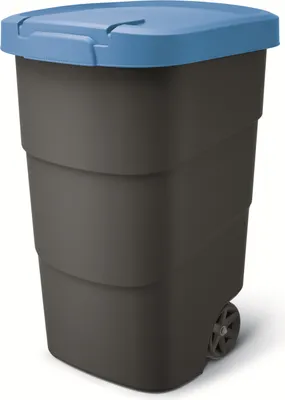 A dark gray trash can with a blue lid and wheels, shown from a slightly angled front view against a white background.