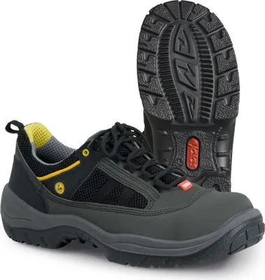 A pair of black safety shoes is shown against a white background. One shoe is upright, showing the sole, while the other is placed in front, showing the side and top.