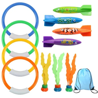 Immagine prodotto di Set di anelli da nuoto, 11 anelli colorati, per bambini dai 4 ai 12 anni, con borsa per il trasporto, gioco d'acqua