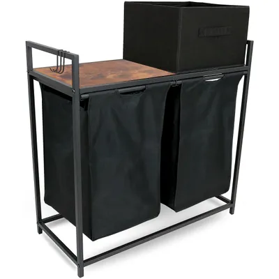 Produktbild von holz4home® Wäschekorb 2 Fächer Vintage I Mit Ablage & Wäschebox ausziehbar I Wäschebox Badezimmer I Wäschesack aus Oxford-Gewebe 92 L