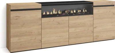 Immagine prodotto di COZY Credenza, Mobile, Cucina, 200x35x75cm, 4 Porte, Camino elettrico, Rovere e Nero