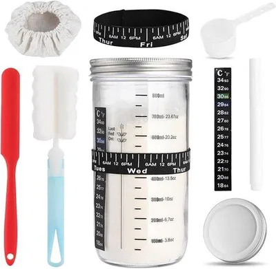 Produktbild von Famanu Sauerteig Starterset mit Schüssel - Fermentierglas mit Deckel und Silikonrührstab - 1000 ml